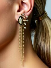 Noir Eye Taş Detaylı Zincirli Gold Göz Küpe