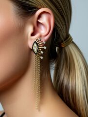 Noir Eye Taş Detaylı Zincirli Gold Göz Küpe