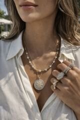 North Star Kuzey Yıldızı Zirkon Taşlı Yuvarlak Madalyon Kadın Kolye – Gold Kaplama