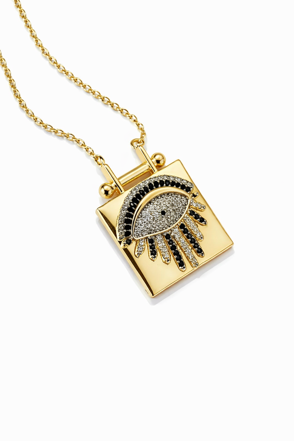 EyeLock Göz Figürlü Kilit Tasarım Siyah & Beyaz Zirkon Taşlı Gold Kolye