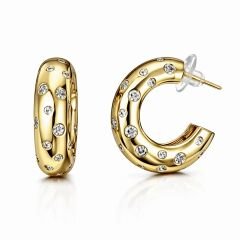 Brilla Zirkon Taşlı Kalın Halka Gold Küpe