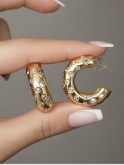 Brilla Zirkon Taşlı Kalın Halka Gold Küpe