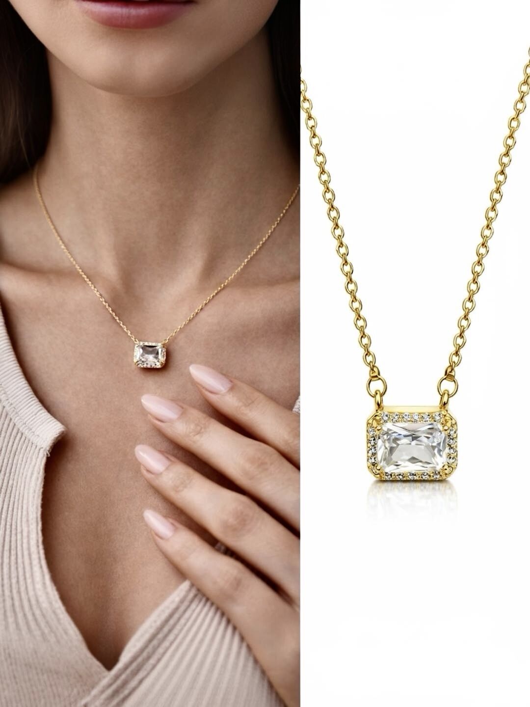 Noir Frame Square Gold Kare Taşlı Modern Kadın Kolye