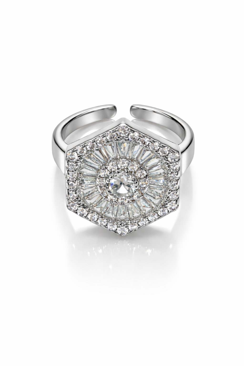 Hexa Crown Halo Altıgen Taşlı Kadın Yüzük – Zarif ve Işıltılı Tasarım