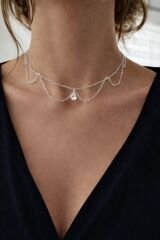 Nova Drape Gold Katmanlı Damla Taşlı Kolye Gümüş